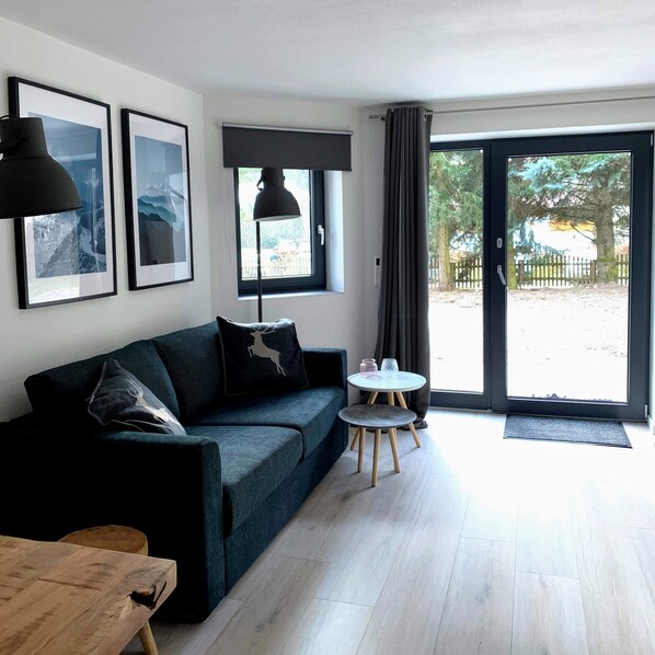 Apartamento Deluxe | Sala de estar | Smart TV de 29 pulgadas con canales por satélite, una televisión