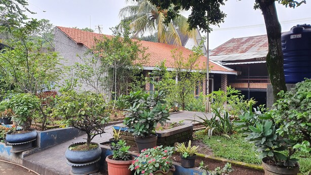 A garden with various potted plants and a brick building with a tiled roof. - OYO 2302 Blue House Costel Syariah (Cianjur)