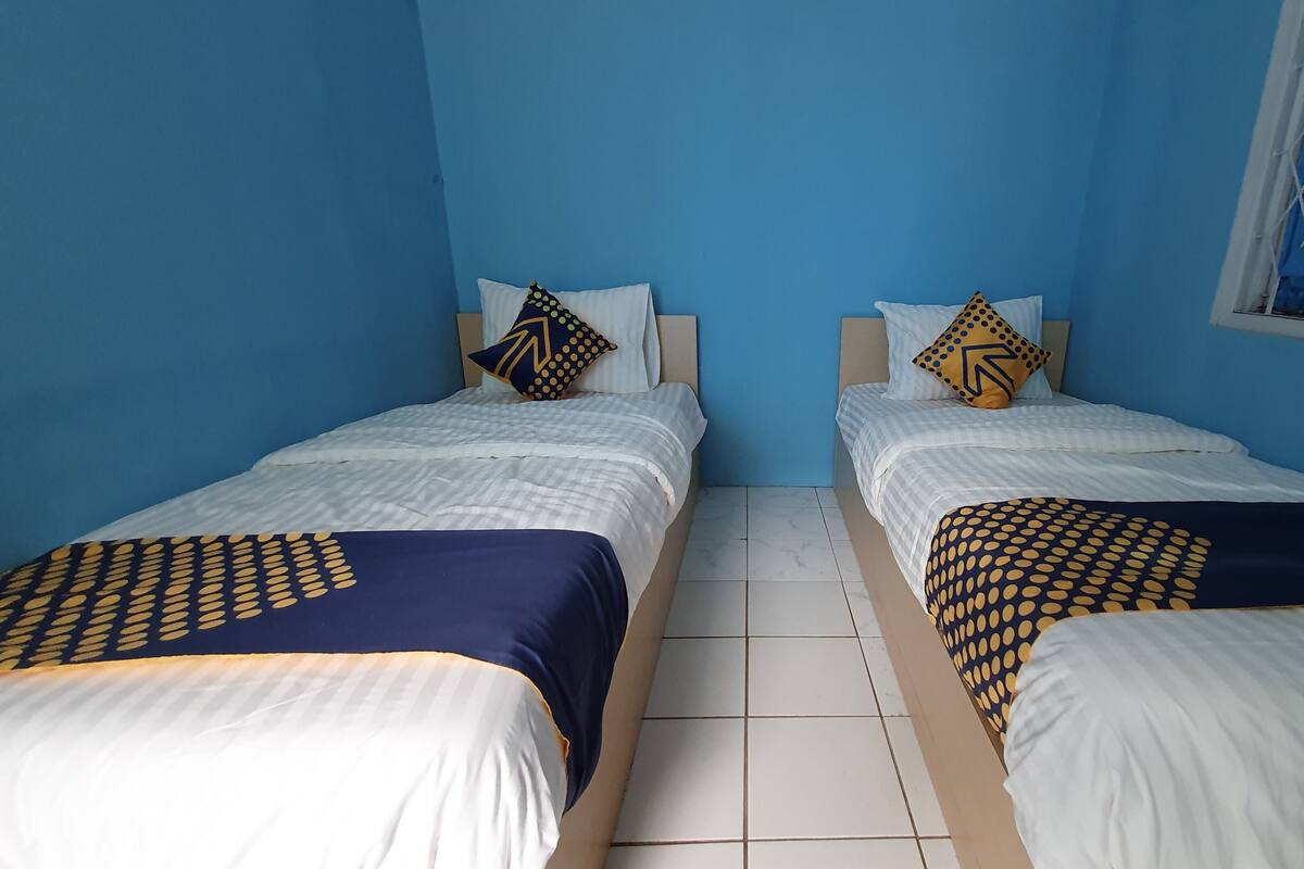 Una habitación con dos camas, cada una con una colcha y almohadas estampadas, frente a una pared azul.