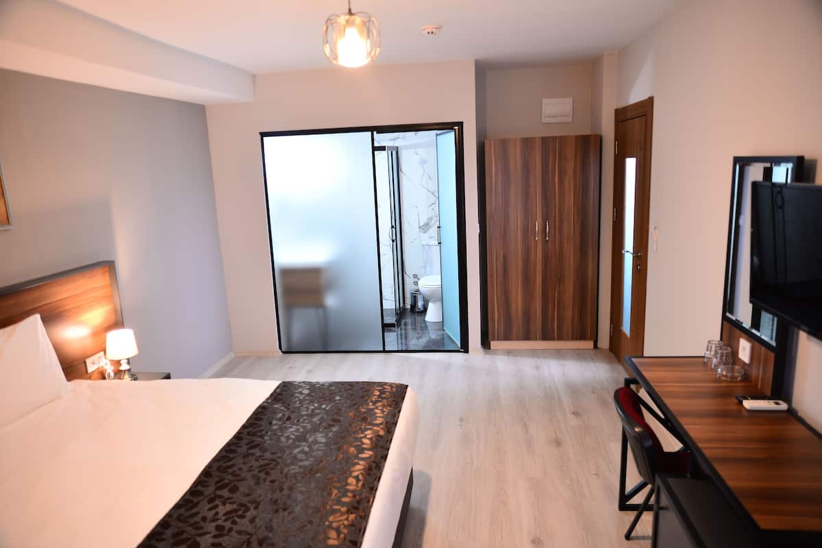 A hotel room with a bed, a desk, a wardrobe, and a television.