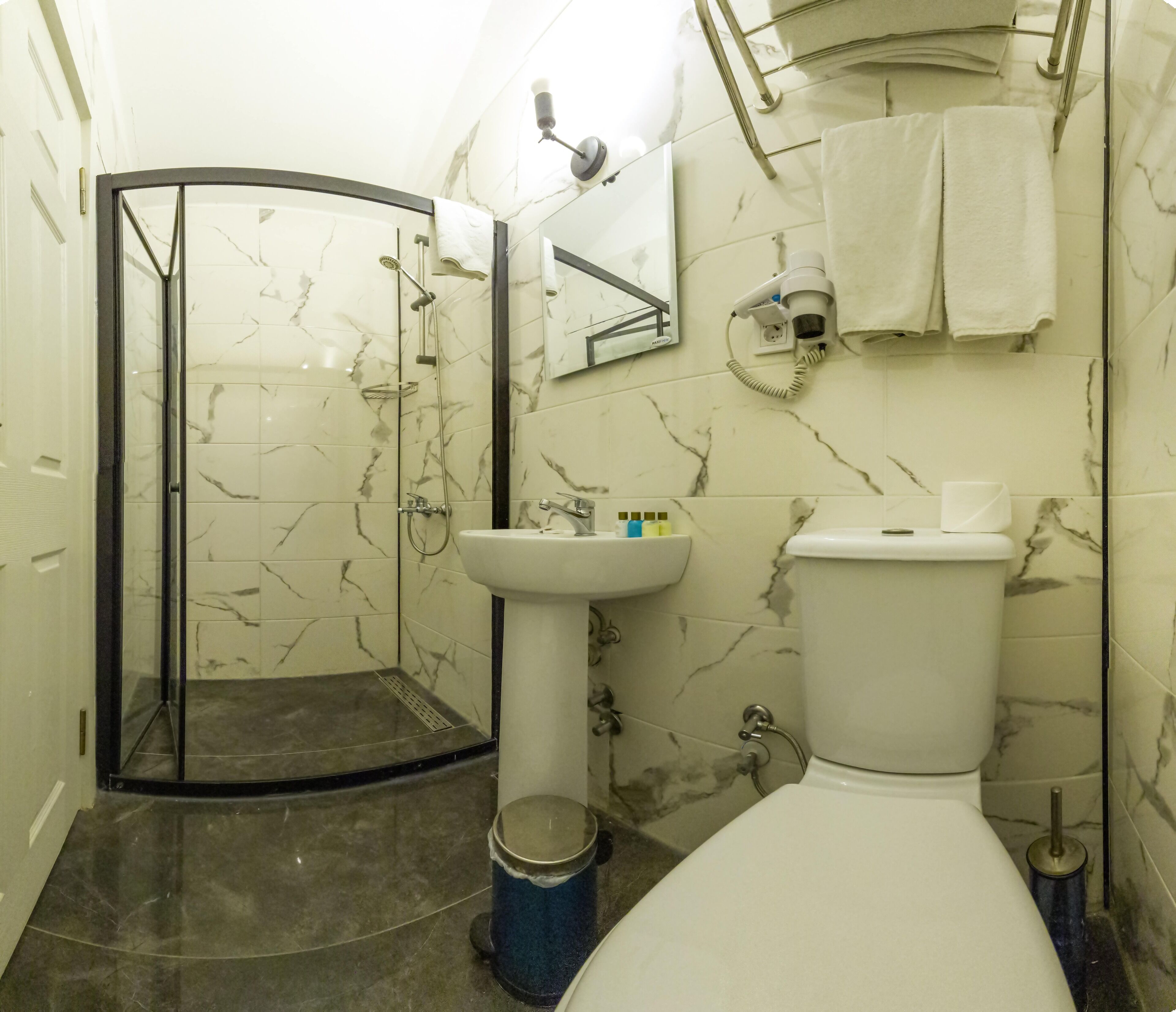 Een badkamer met douche, toilet, wastafel en een douchecabine met glazen wanden.