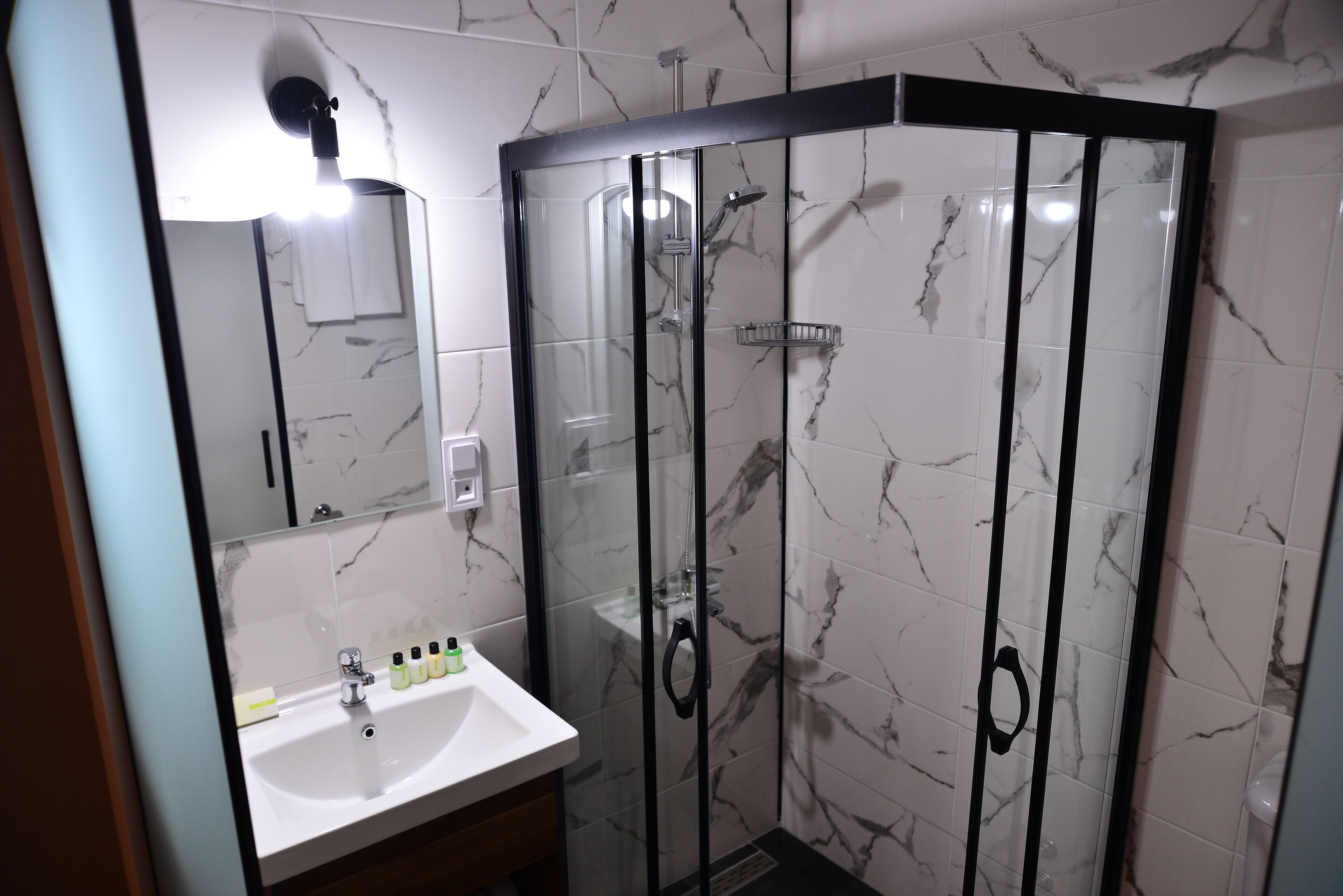 A modern bathroom with a glass-enclosed shower, a white sink, and a mirror above it.