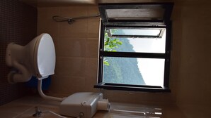 A bathroom with a window, a shower, and a toilet.