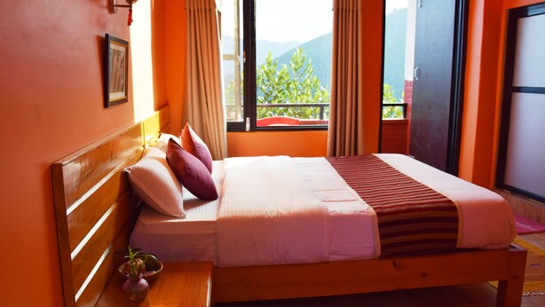 A bed with a wooden headboard, a bedside table with a plant, and a window with curtains.