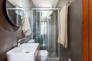 Shower, hair dryer, towels, shampoo