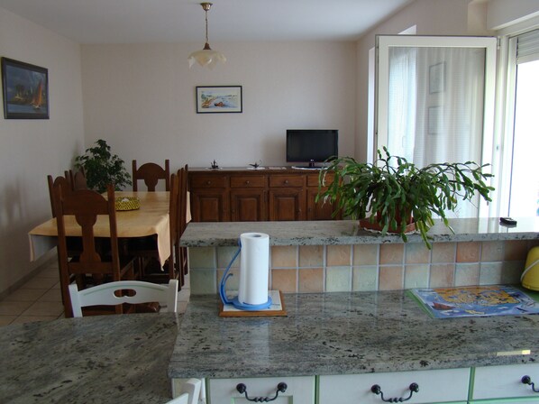 A kitchen with a dining table, chairs, a TV, cabinets, and a potted plant.
