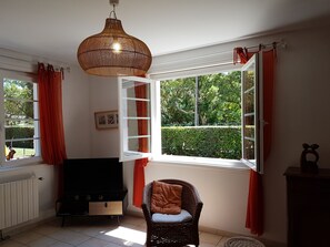 TV, DVD player, books, stereo