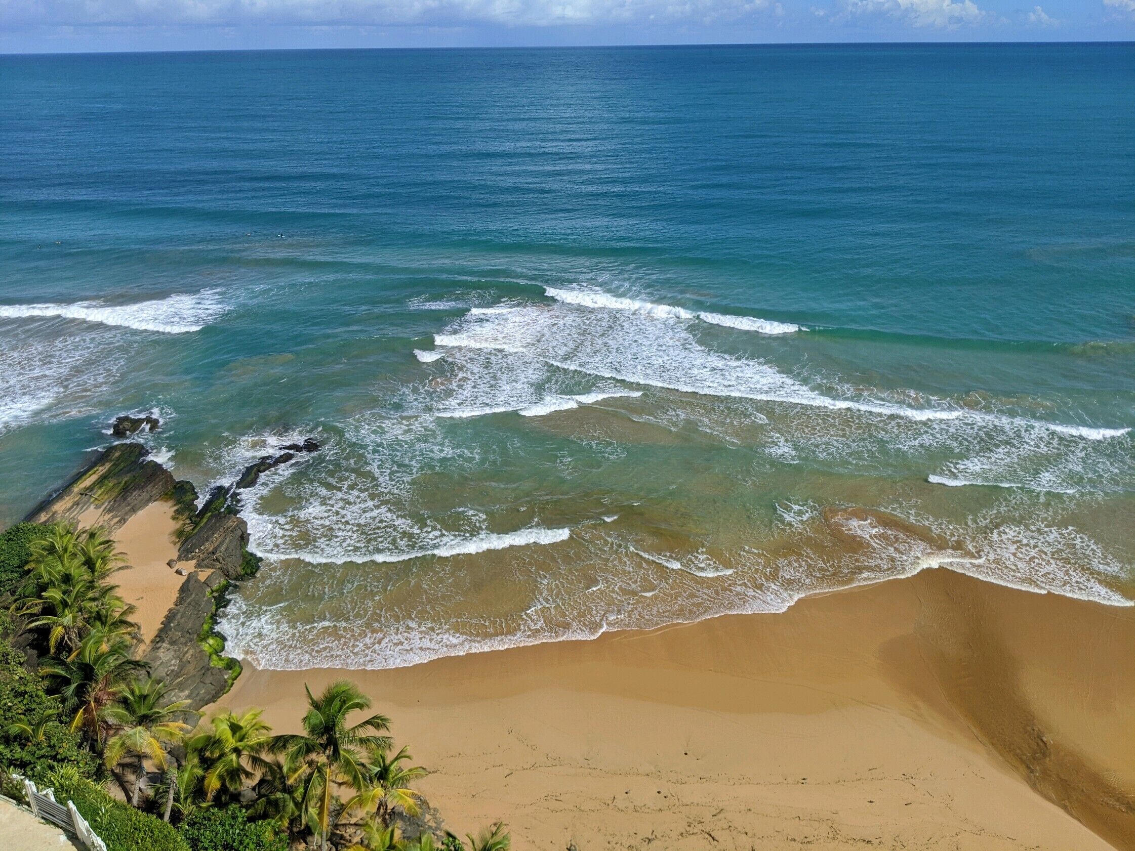 Une plage avec une eau d’un bleu limpide, un rivage sablonneux et des palmiers.