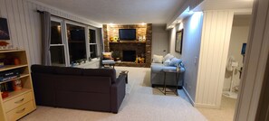 Smart TV, fireplace, video games, DVD player