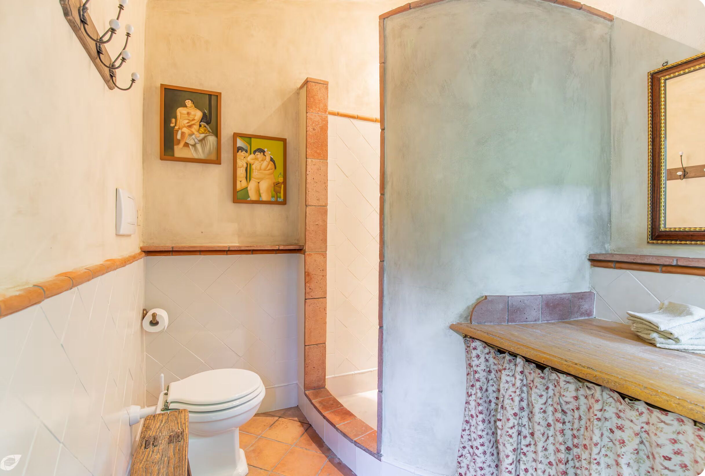 Een badkamer met toilet, douche en wastafel. Twee ingelijste foto's hangen aan de muur.