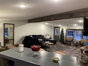Smart TV, fireplace, books