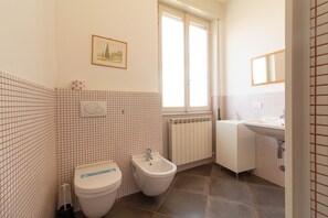 Shower, hair dryer, bidet, towels