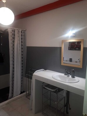 Shower, hair dryer, towels
