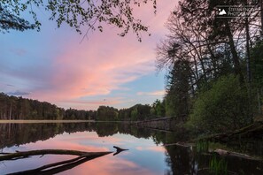 Una vista tranquila del lago, con un puente de madera y un bosque frondoso.