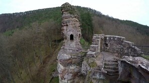 Estructura de piedra histórica con una torre central y un muro que la rodea, ubicada en una ladera boscosa.