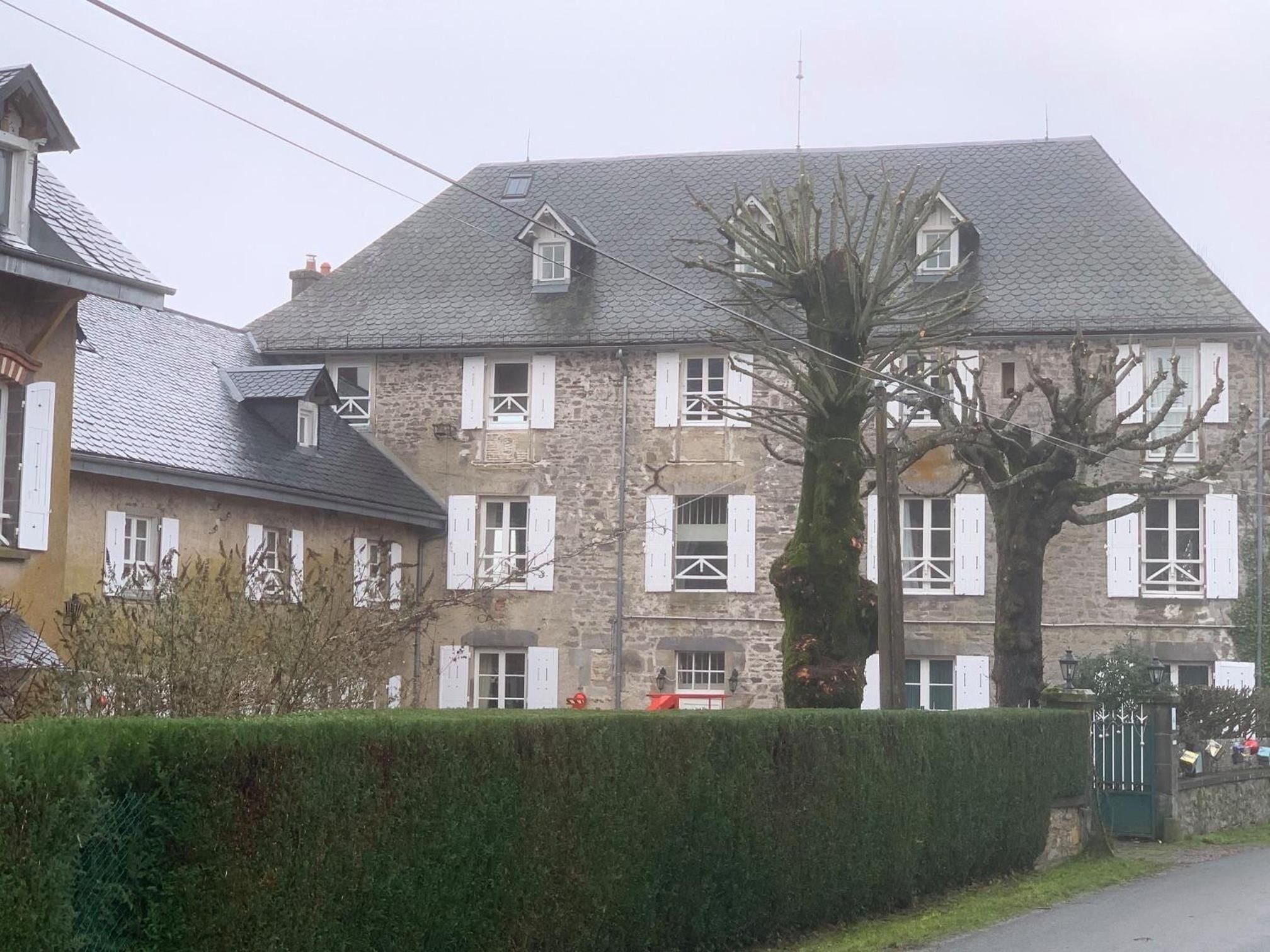 Ein Gebäude aus Stein mit vielen Fenstern und einem großen Baum davor.
