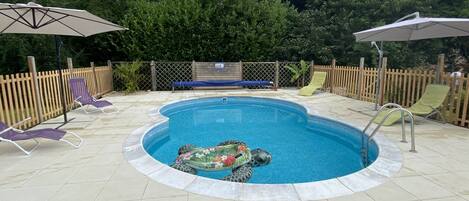 Piscina con una tortuga, rodeada de sillas y sombrillas de descanso.