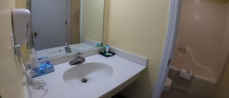 A bathroom with a white sink, a mirror, and a handheld showerhead.