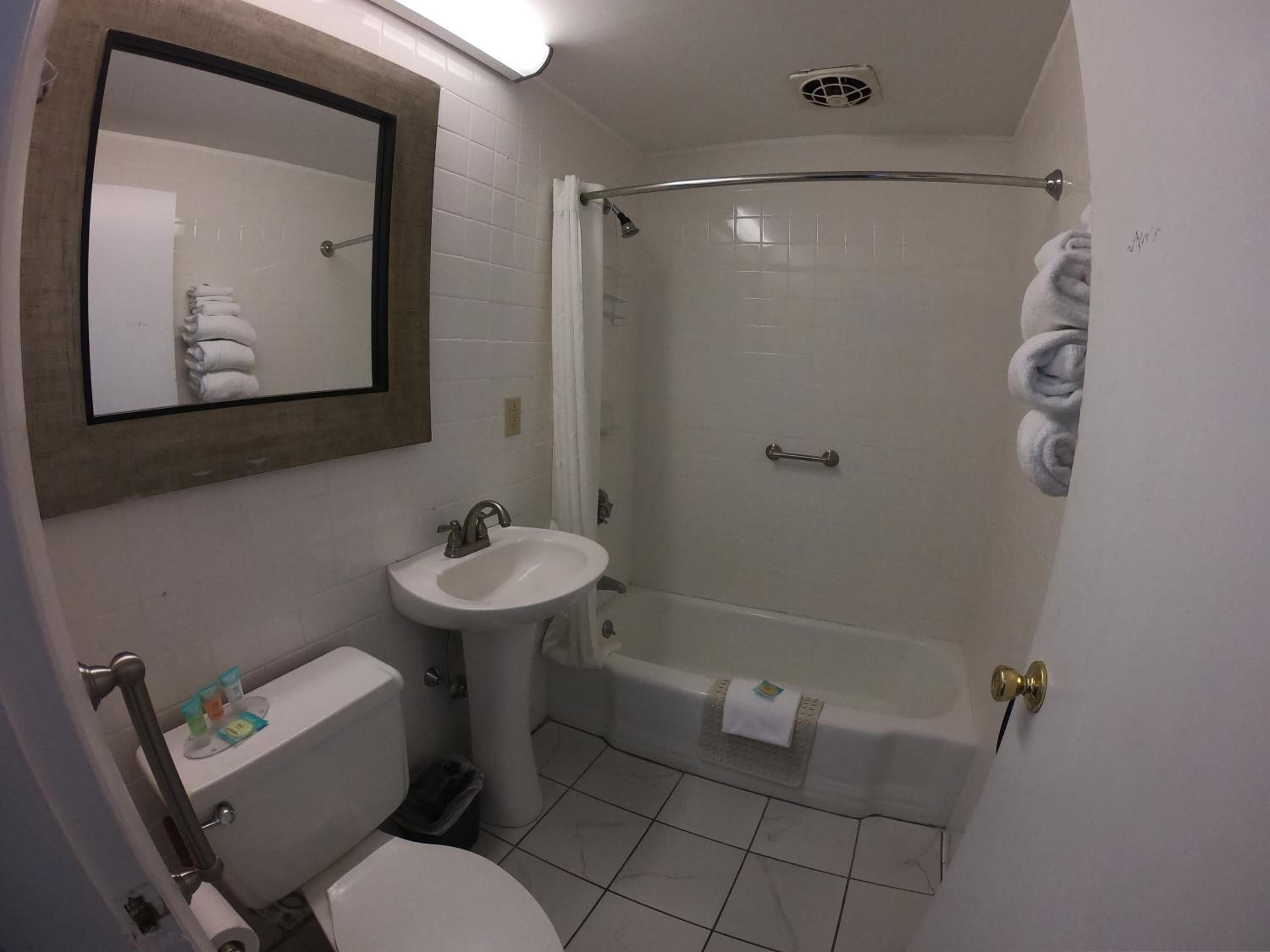 Une salle de bain avec des toilettes, un lavabo et une douche.