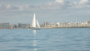Ein Segelboot auf ruhigem Wasser, im Hintergrund die Skyline einer Stadt.