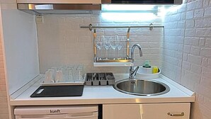 Una cocina compacta con un lavaplatos de acero inoxidable, un escurreplatos y un lavavajillas integrado.