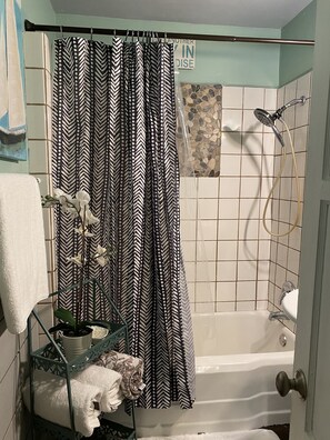 Hair dryer, towels, soap, shampoo