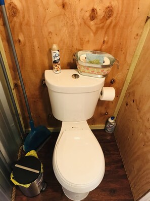 A small, wooden bathroom with a white toilet, a cleaning bucket, a mop, and a Lysol bottle. - Pretty horse cabin in the woods (Willis)