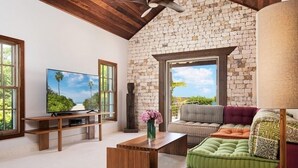 Una sala de estar moderna con pared de piedra, muebles de madera, televisor y vista a zonas verdes.