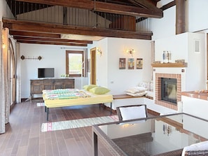A spacious room with a bed, a television, a fireplace, and a balcony with a glass railing. - Wonderful  villa for 4 guests with WIFI, pool, TV, terrace and pets allowed (Cigliè)