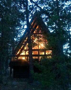 Une cabane dotée d’un toit triangulaire, entourée d’arbres.