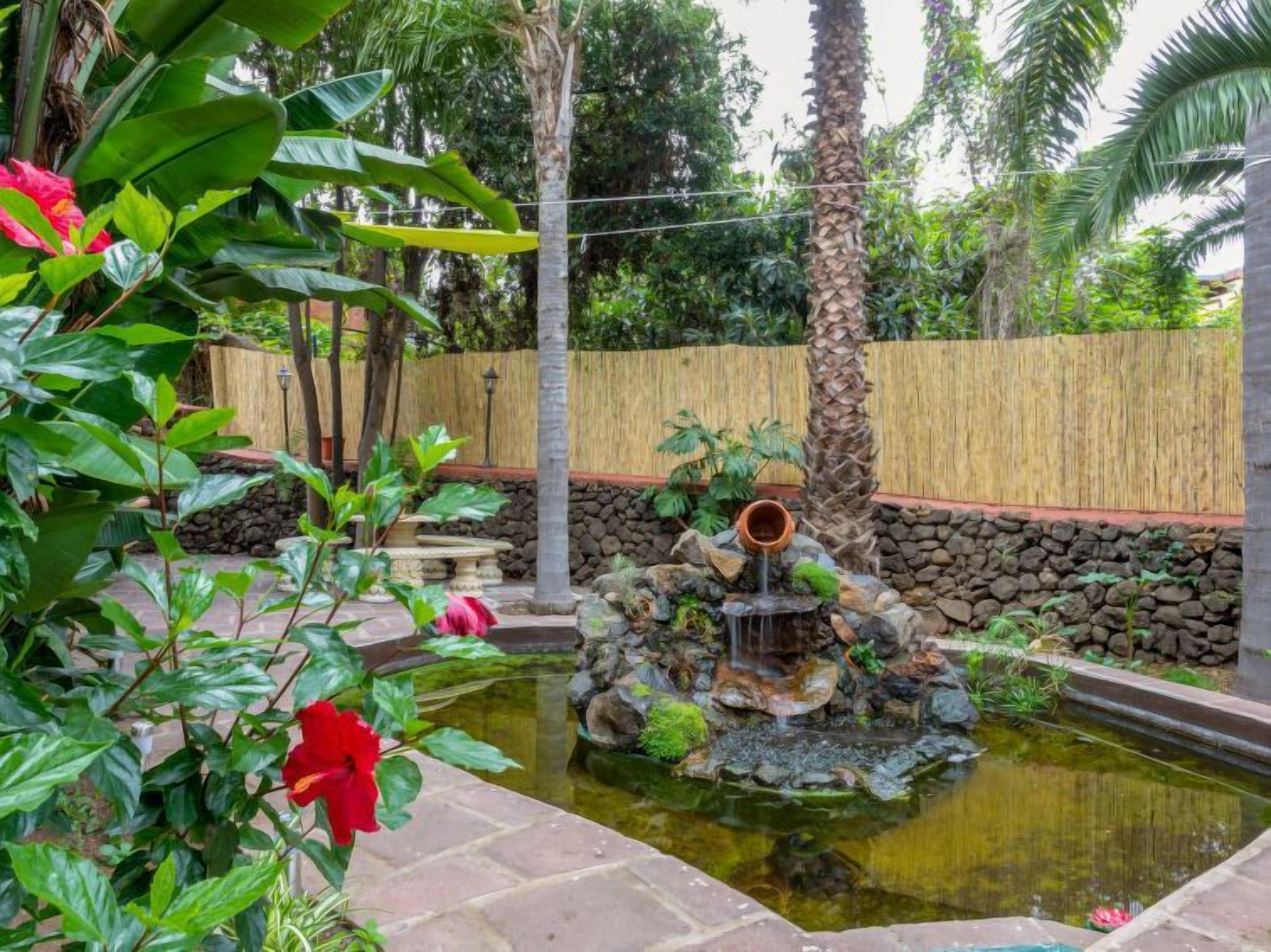 A garden with a pond, a stone wall, and a bamboo fence.