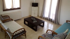 A living room with a sofa, a table, a TV, and curtains. - Ikia apartment Ierissos  (Ierissos)