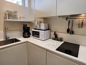 Fridge, microwave, coffee/tea maker, electric kettle