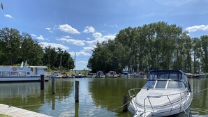A marina with boats docked, a wooden dock, and a grassy area.