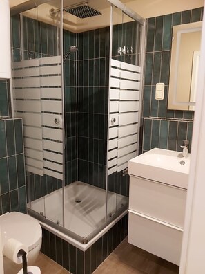 Dusche, Haartrockner, Handtücher, Seife