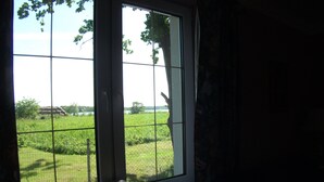 A window with a view of a grassy field and trees.