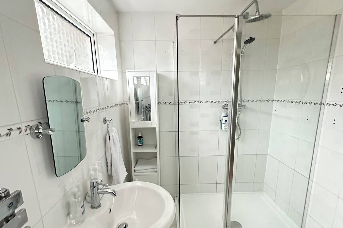 A modern bathroom with a glass-enclosed shower, a white sink, and a mirror.