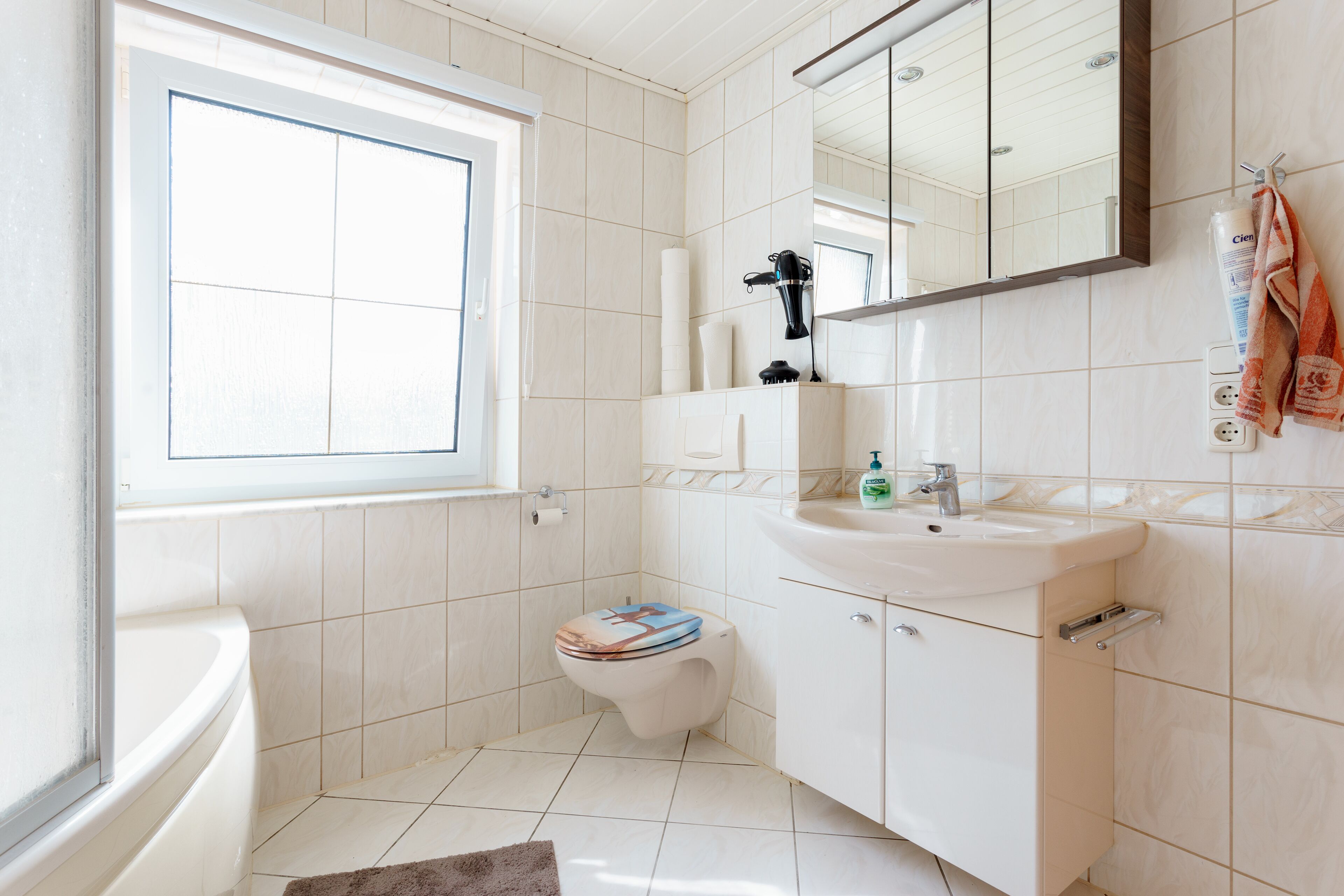 Kombination af bruser/badekar, hårtørrer, håndklæder, Sæbe