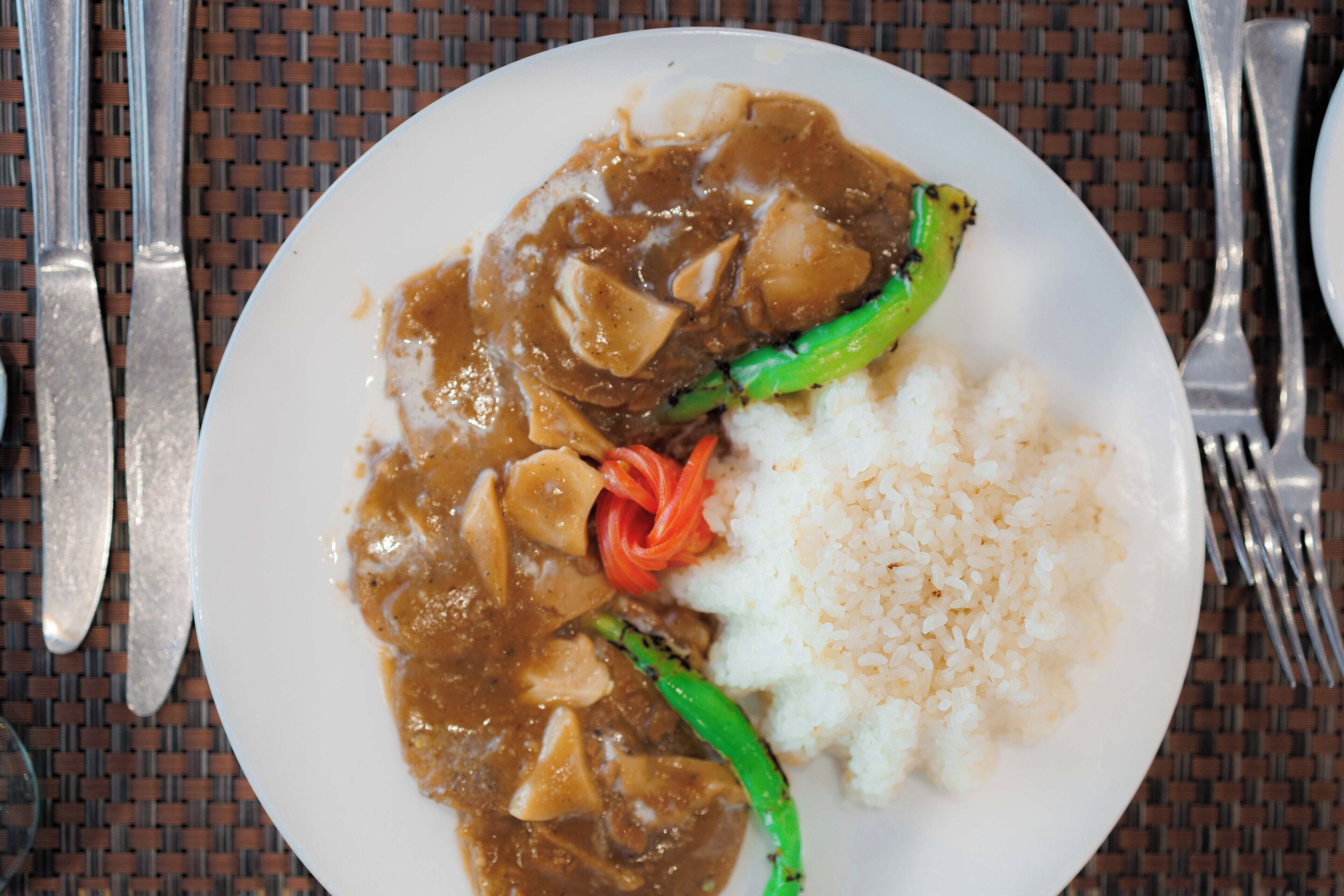 Une assiette de nourriture composée de riz et d’une sauce brune, qui pourrait contenir de la viande et des légumes.