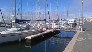 En småbåtshamn med flera segelbåtar förtöjda.