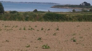 A coastal landscape with a sandy foreground, a body of water, and distant landforms. - Tiny House on the Presqu'île Sauvage (Lanmodez)