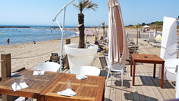 Un restaurant situé en bord de mer, avec une terrasse, un palmier et une vue sur la plage.