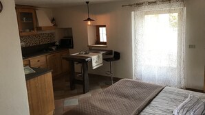 A compact room with a bed, a small kitchenette, and a window with patterned curtains.