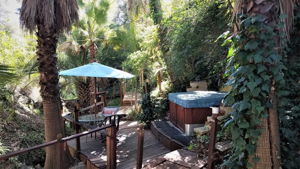 A wooden deck with a glass table and chairs, surrounded by lush greenery and a hot tub.