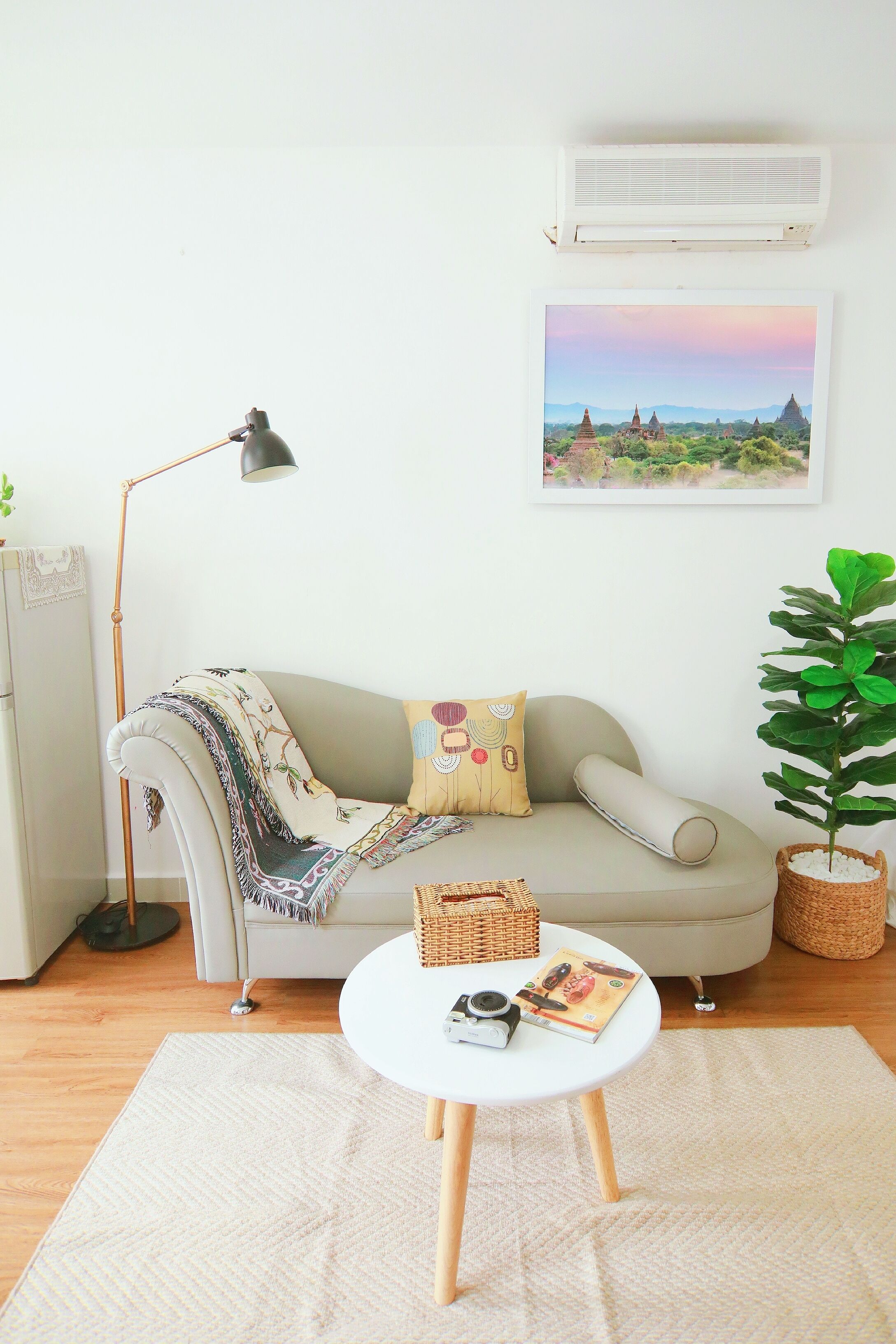 A cozy living room with a sofa, a coffee table, a lamp, a potted plant, and a framed picture on the wall.
