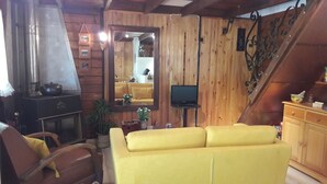 A cozy living room with a yellow sofa, a fireplace, a television, and wooden walls. - Chalet surrounded by nature 2.5 km from BEDOIN (Bédoin)
