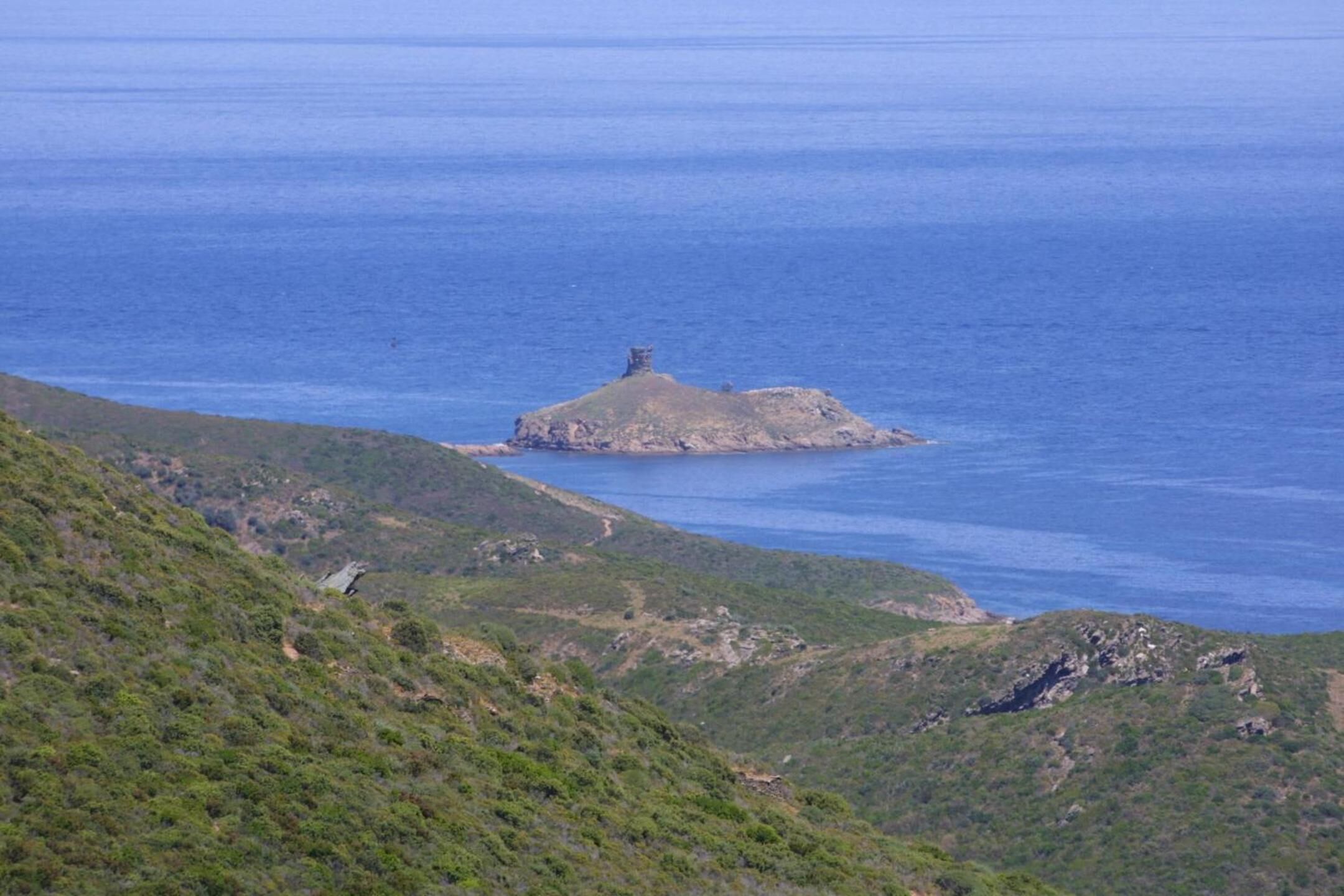 A coastal landscape with a small island and a hill with sparse vegetation.