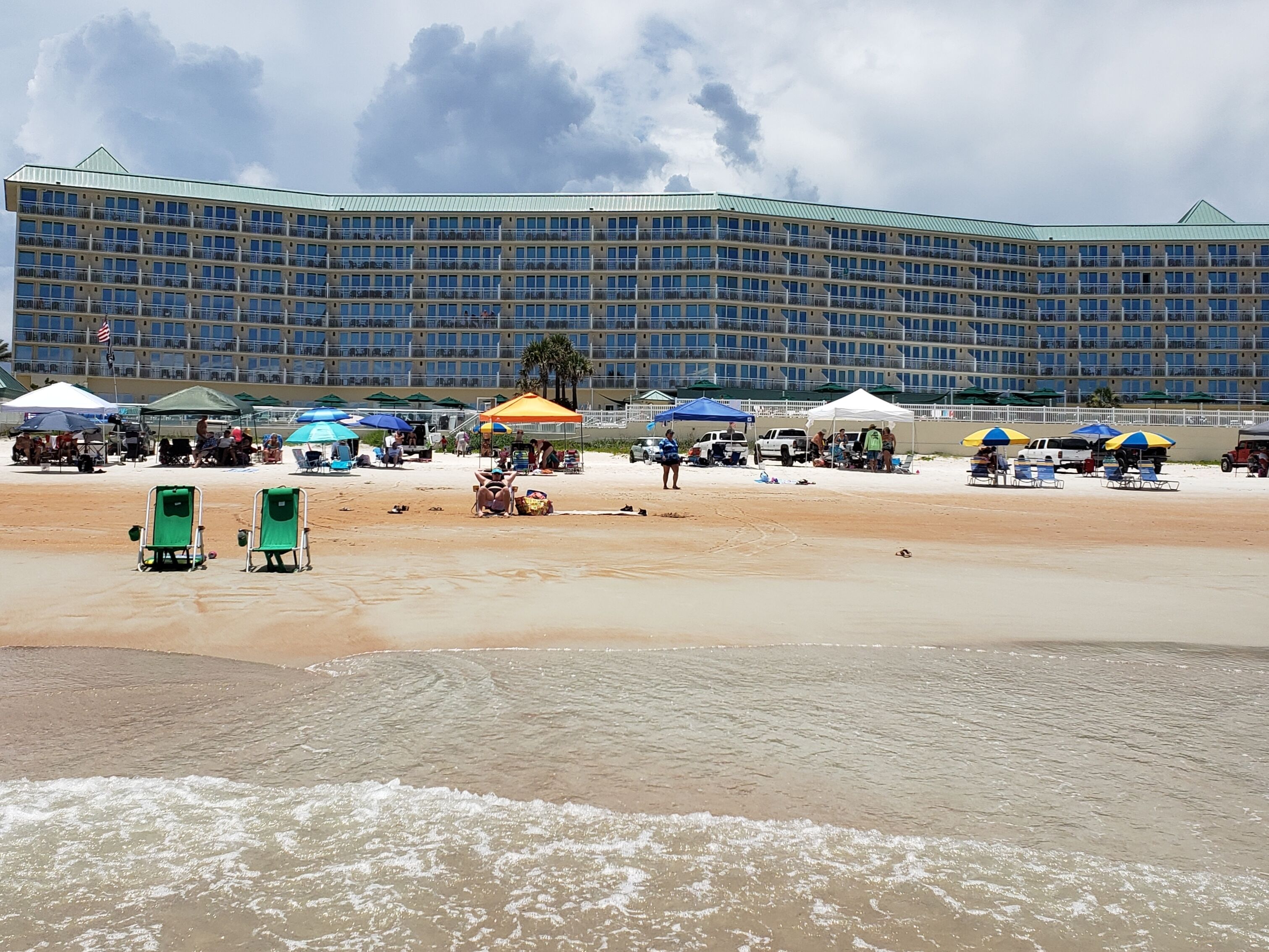 On the beach, sun-loungers, beach towels