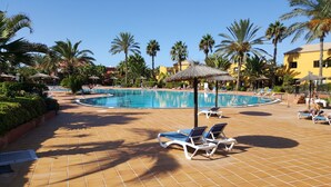 Zwembadcomplex van een resort met ligbedden en palmbomen.