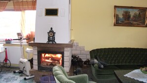A living room with a fireplace, a green armchair, a sofa, and a painting on the wall. - Pink holiday house 10 pers. between lagoon and heather in the bird sanctuary (Nowe Warpno)